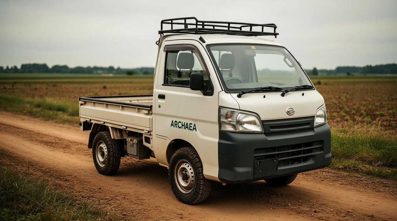 ARCHAEA 1000 Series mini truck on a dirt farm road